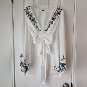 White Embroidered Crop Top
